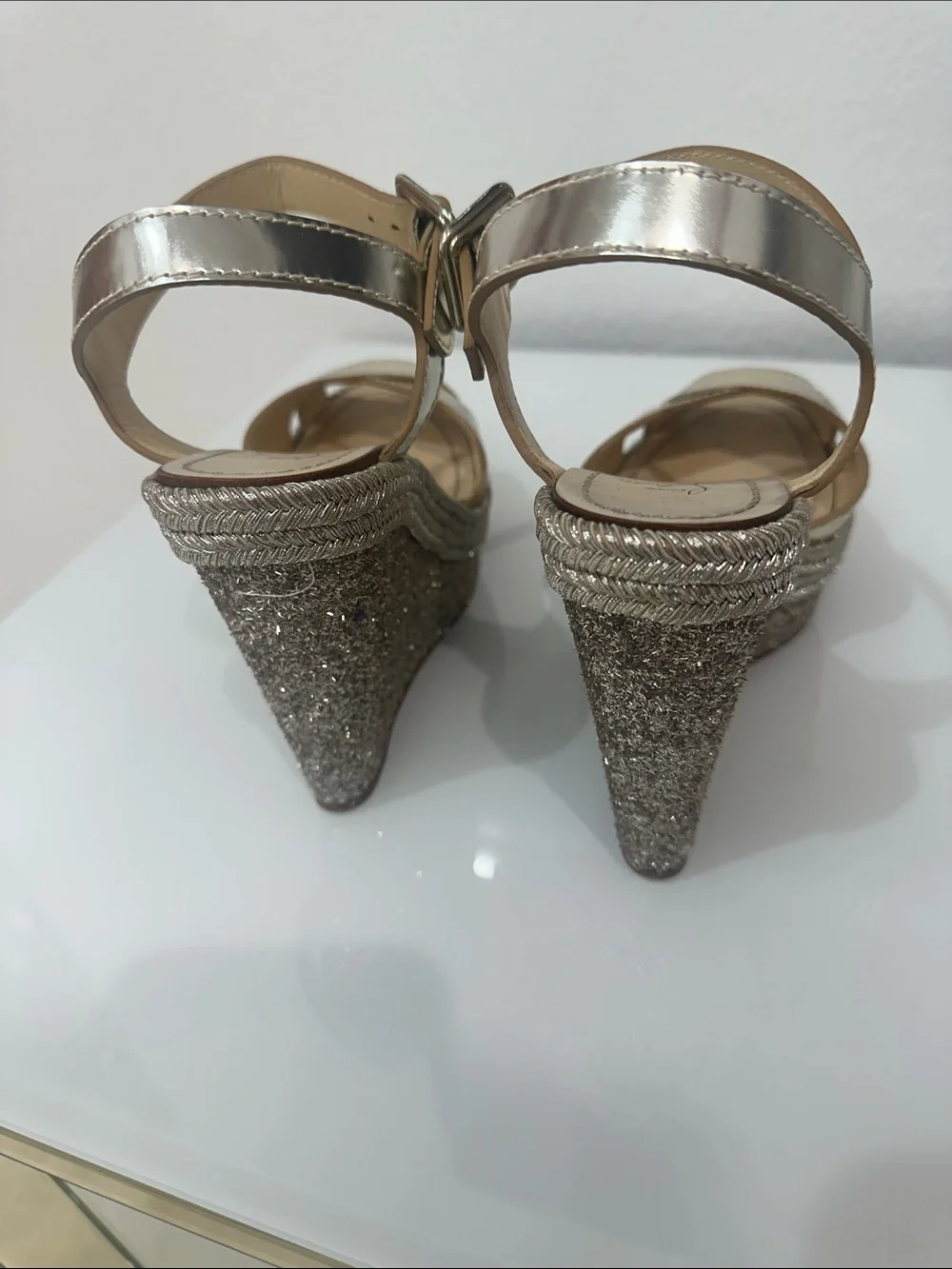 Christian Louboutin Metallic Gold Wedge Sandals with Ankle Strap